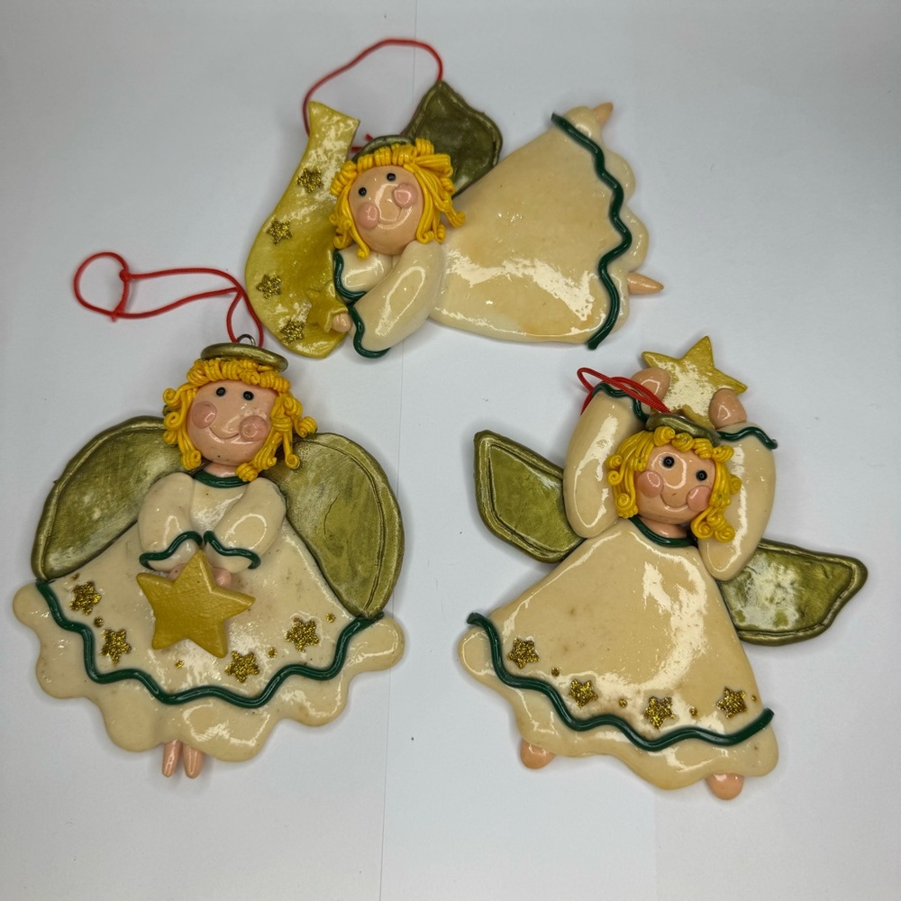 MJ Designs Vintage Angel Polymer Clay Christmas Ornaments Lot Of 3 Blonde Curls